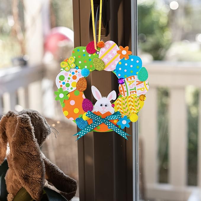12 Sets Easter Wreath Signs Decorations DIY Foam Easter Craft Kits Easter Eggs Bunny Chick Foam Stickers Pom-Poms Googly Eyes for Kids Classroom Home Activity Art Project Gift Easter Front Door Décor