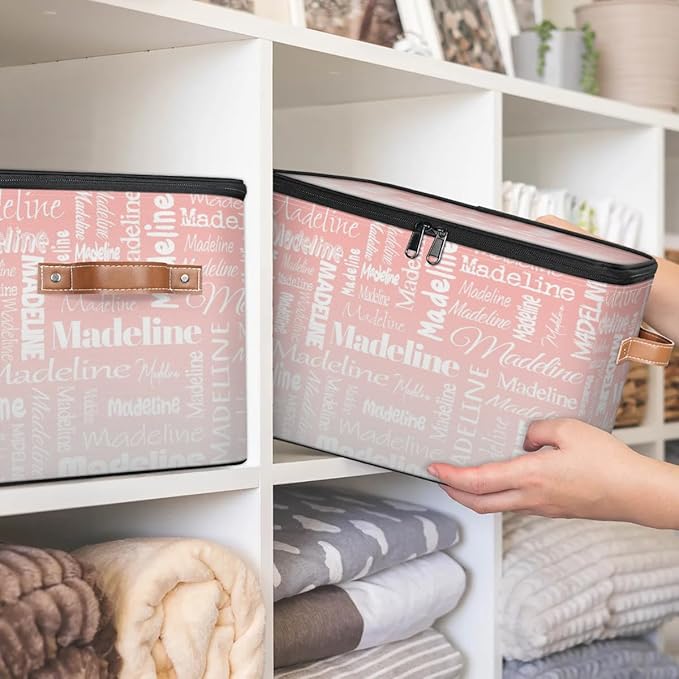 Custom Storage Basket with Name, Personalized Storage Bins with Zipper Lid, Foldable Fabric Storage Box Large capacity with Handle Pink White
