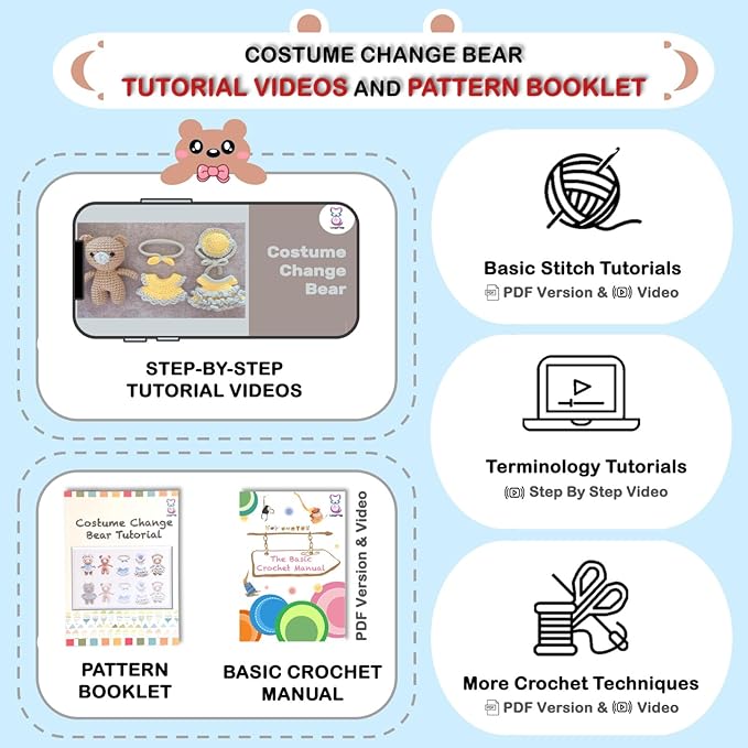 LoopMap Crochet Kit for Beginners, DIY Amigurumi Bear with Removable Dress & Accessories, Step-by-Step Video Tutorials Extra Yarn Crochet Tools, Handmade Gift for Kids & Adults (Bear-Blue)