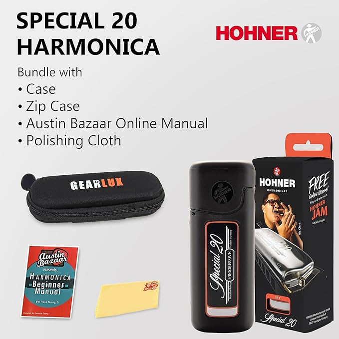 Hohner Special 20 Harmonica - Key of C Bundle with Zip Case, Instructional Manual, and Austin Bazaar Polishing Cloth