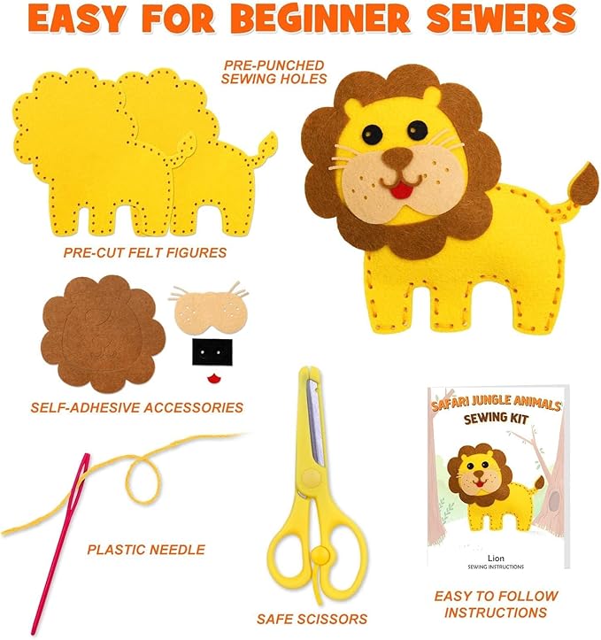 CiyvoLyeen Safari Jungle Animals Sewing Craft Kit DIY Kids Craft and Sew Set for 7 8 9 10 11 12Girls and Boys Educational Beginners Sewing Stuffed Animal Felt Plush Ornaments Set of 14