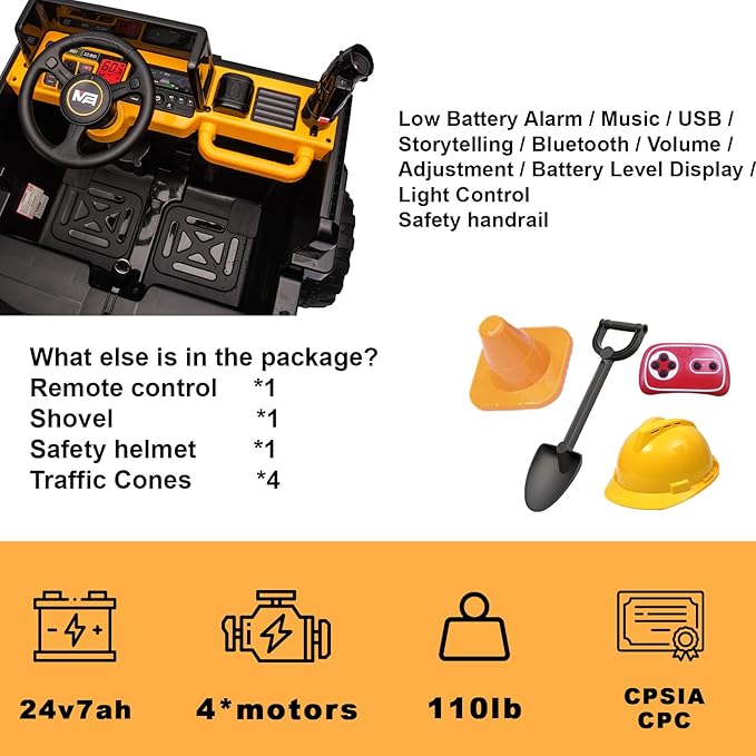 24V Ride On Dump Truck, 24inch-2 Seater Ride On Car for Kids w/Remote Control 4WD/2WD Up to 5 Mph, 24v Ride on Toys for Big Kids w/Electric Dump Bed Extra Shovel Traffic Cones (Yellow)