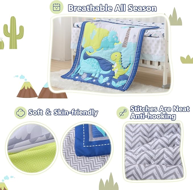 Wowelife Dinosaur Mini Crib Bedding Set for Boys Blue Premium 3-Piece Baby Bedding Sheet Set Dinosaurs Nursery Crib Set Crib Comforter Set Breathable and Soft for Baby