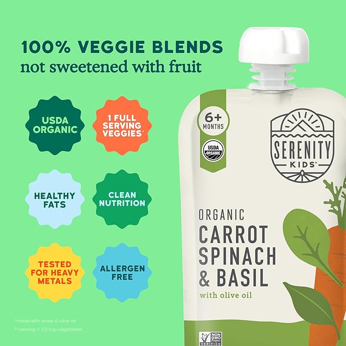 Serenity Kids 6+ Month Organic Veggie Puree Baby Snacks Pouches - Carrot, Spinach & Basil - No Sugar Added, BPA Free & Allergen Free Baby Puree Pouches - 3.5 Oz, 6 Pack