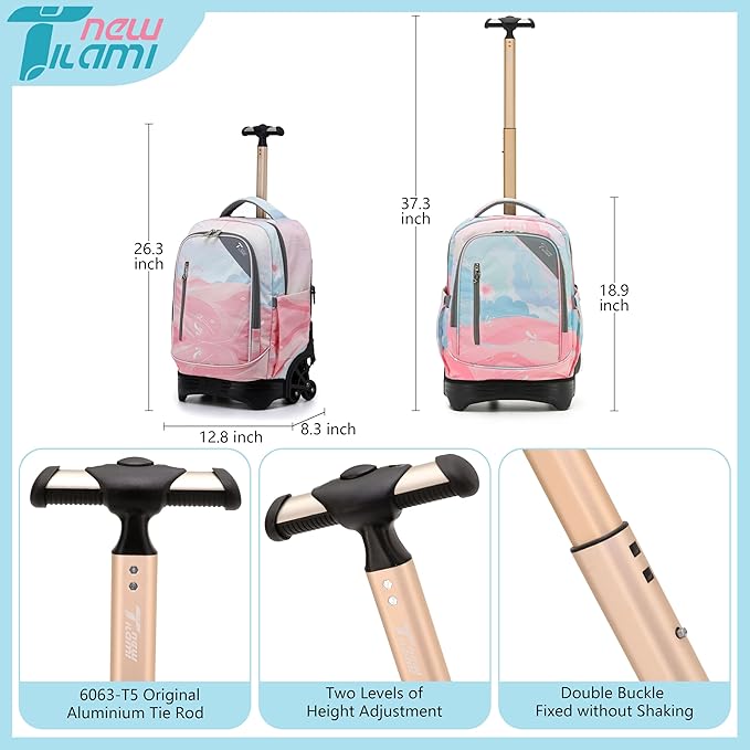 NEW TILAMI 18 inch Rolling Backpack for Girls – Waterproof, Large Capacity, Stair-Climbing Design, Adjustable Handle, Great for School, Pink Sunset
