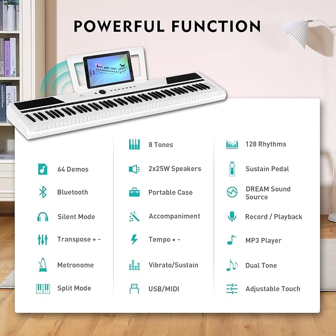 MUSTAR Digital Piano 88 Key Weighted with Stand, 88 Key Semi Weighted Keyboard Piano MEP-1400, Electric Piano Keyboard 88 Keys for Beginners, 2x25W Stereo Speakers, Case, Sustain Pedal, ABS, White