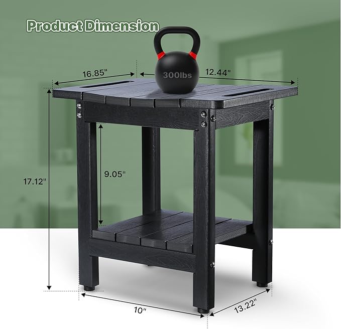 HDPE Shower Bench Seat Capacity 300LB, Waterproof Bathroom Stool with Side Carry Holes, Compact 16.8" L Design, Non-Slip Shower Seat for Elderly, Shaving Legs & Spa - Indoor/Outdoor Use(Black)