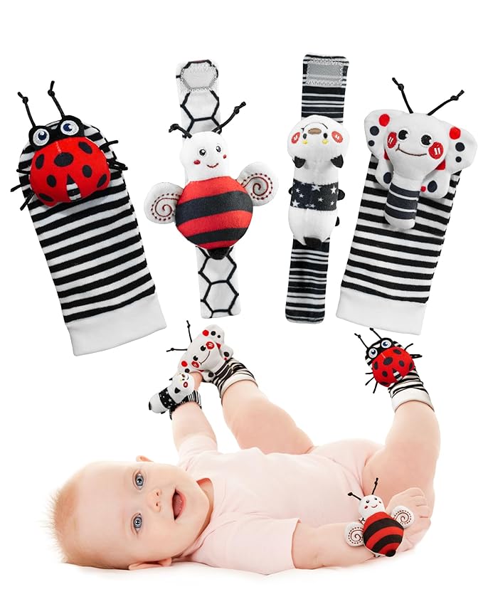 Infinno High Contrast Baby Toys Infant Rattle Socks and Wristband Set, Ideal Baby Sensery Toy Gifts for Newborn 0-12 Months, Perpect Black and White Toys for Boys and Girls As Baby Shower Gifts