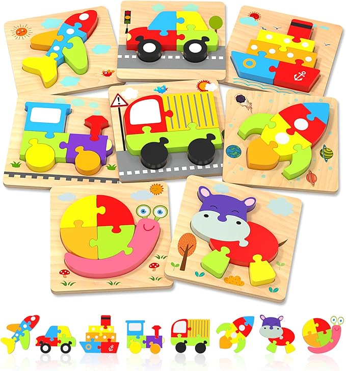 Yetonamr Wooden Toddler Puzzles Gifts Toys for 1 2 3 Years Old Boys Girls, 8 Vehicle Shape Montessori Toy Educational Blocks Kids Toys Gift Baby Learning Toy Age 1-3, 2-4