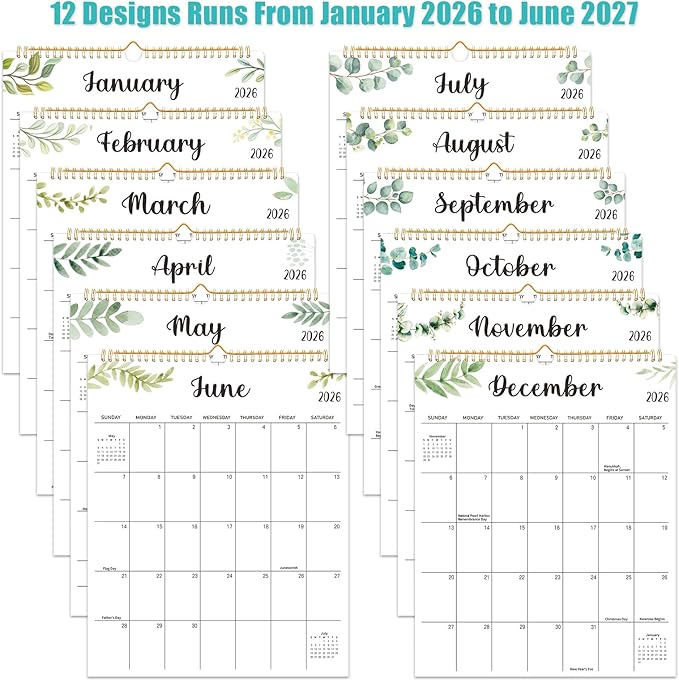 Wall Calendar 2026-2027, 18 Month Calendar from January 2026 to June 2027 14.5" x 11.8" Large Desk Calendar with Twin-Wire Binding for Home Office Planning Personal Organisers, Green Leaf