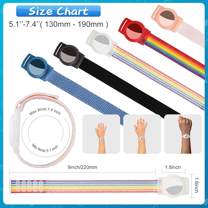 Waterproof Air Tag Bracelet for Kids (2 Pack), Soft Nylon Hidden Air Tag Wristband Full Cover Lightweight GPS Tracker Holder Compatible with Apple AirTag Band for Toddler Child (Light Rainbow/Pink)