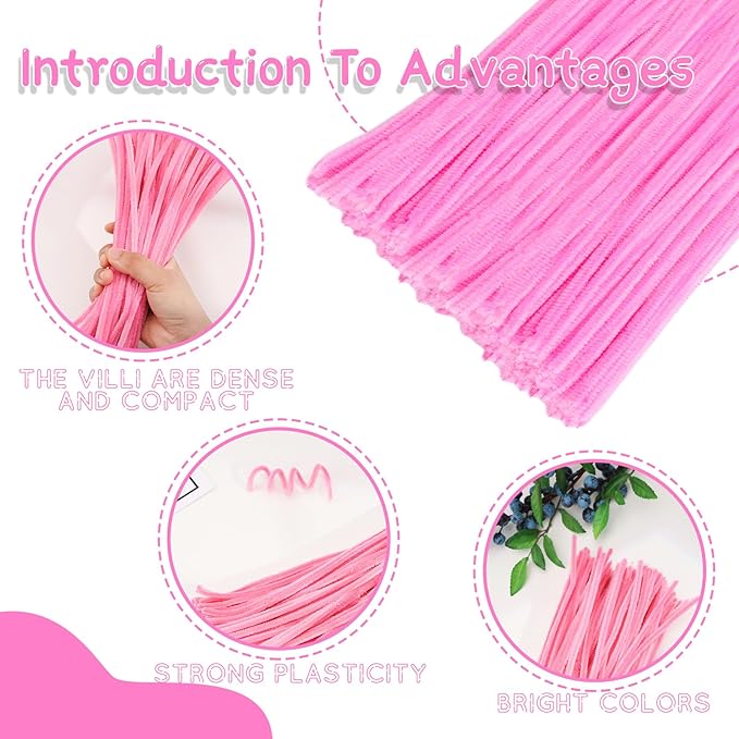 100Pcs Pipe Cleaners, Pipe Cleaners Craft, Chenille Stems Creative Pipe Cleaners for Festivals Flower Making, Crafting Pipe Cleaners Supplies for Home DIY Hand Craft Arts/Pink