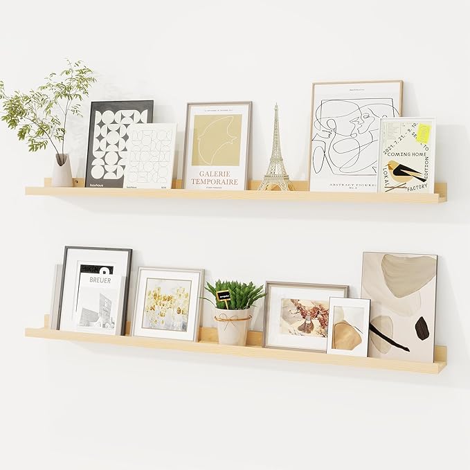 Picture Ledge Shelf, Solid Pine Wood Floating Shelves Set of 2, 40 Inches Nursery Book Shelves for Toys Storage, Kids Bookshelf Wall Mounted for Living Room Decor Photo Frames, Unfinished Natural
