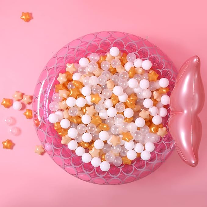 GOGOSO Ball Pit Balls with Starballs 100 - Crushproof Plasticballs for Babies Toddlers Kids Children for 1 2 3 4 5 Years Old,5 Colors,2.15inches, Beige Gold White Clear