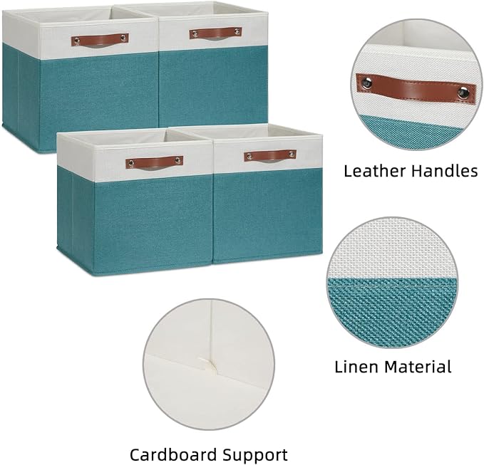 HNZIGE Fabric Storage Bins for Shelves 13x13 Storage Cubes Set Of 4 Foldable Storage Baskets with Handles for Organizing Cloth Closet Toy Nursery(Teal&White)