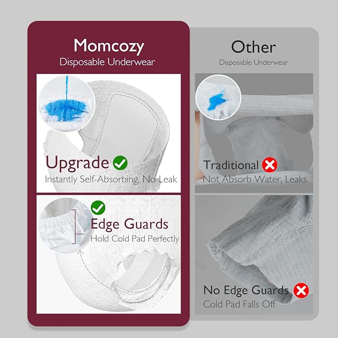 Momcozy Postpartum Recovery Essentials Kit, Labor Delivery Mom Care Kit, Self-Absorbent Disposable Underwear Nipple Nursing Pads Upside Down Peri Bottle Cold Pads Cooling Foam Canvas Bag Set