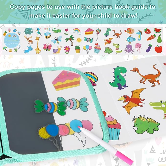 Erasable Doodle Set for Kids - Reusable Magic Drawing Book with 12 Watercolor Pens 14 Page Drawing, Road Trip Car Game Writing Painting Set for Boys and Girls (Sheep)