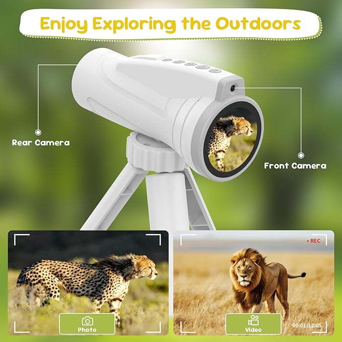 Kids Monocular for Bird Watching & Astronomy - Digital Telescope with Self-Timer, Boys Girls Camping Outdoor Exploration (White)