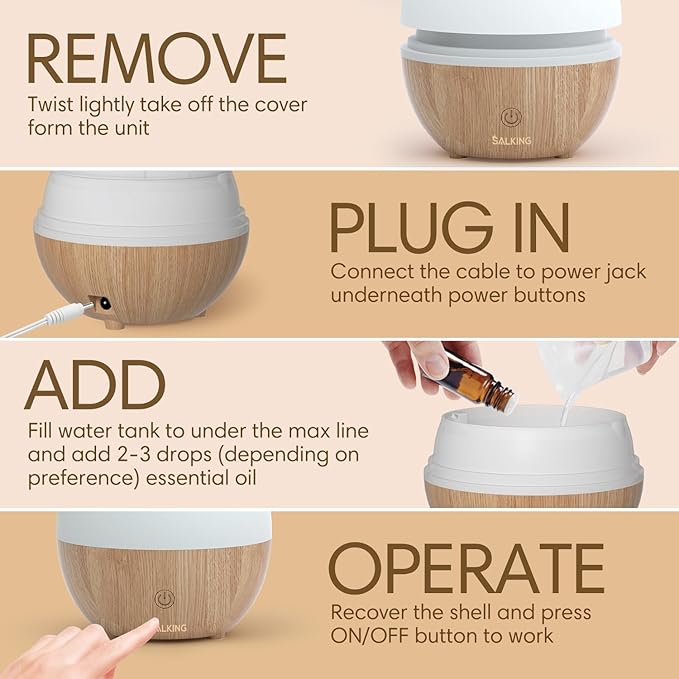 SALKING Essential Oil Diffuser, 100ml Small Aromatherapy Diffuser with Auto Shut-Off Function, Ultrasonic Diffusers for Essential Oils, Cool Mist Humidifier with Warm White Lights, for Office Home