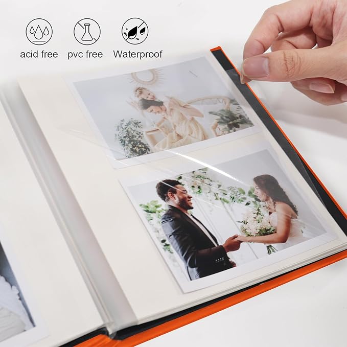 RECUTMS Photo Album Self Adhesive Magnetic Scrapbook 4x6 5x7 8x10 Pictures Scrapbook Album, 40 Pages Photo Book for DIY Baby Family Wedding with Metal Pen and Plastic Board (Orange)