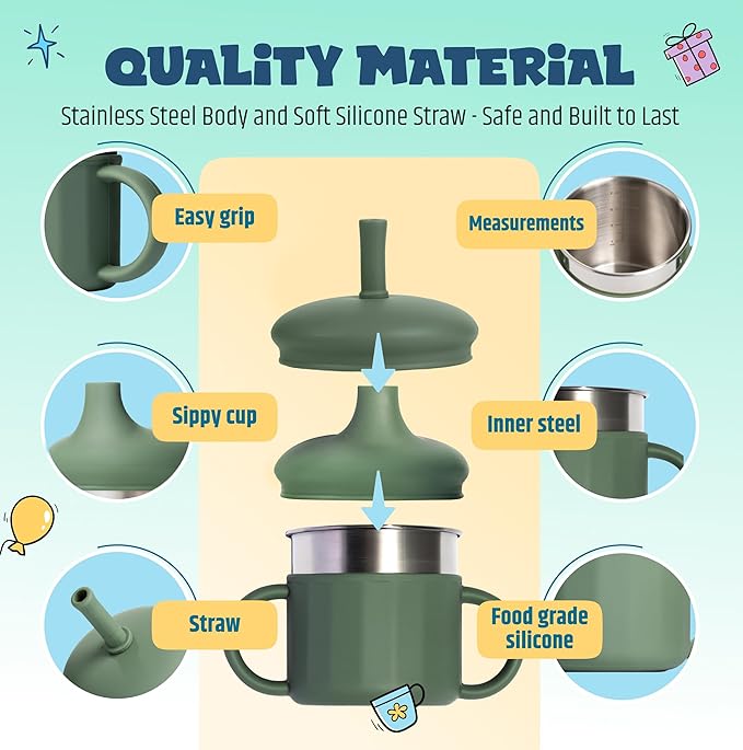 Jumble Dream Baby & Toddler Stainless Steel Sippy Cup Silicon Training Stainless Steel Kids Cups with Straw, Babies Tumbler with Straw No Spill | 6-24 Month Toddler Sippy Cup (Sage Breeze)