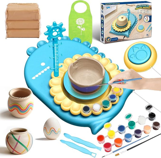 HTUONIAO Dinosaur Pottery Wheel Kit for Kids Ages 6-12 with 3 Air Dry Clays & Tools - Complete Arts and Crafts Studio for Beginners, Creative Gift for Boys and Girls