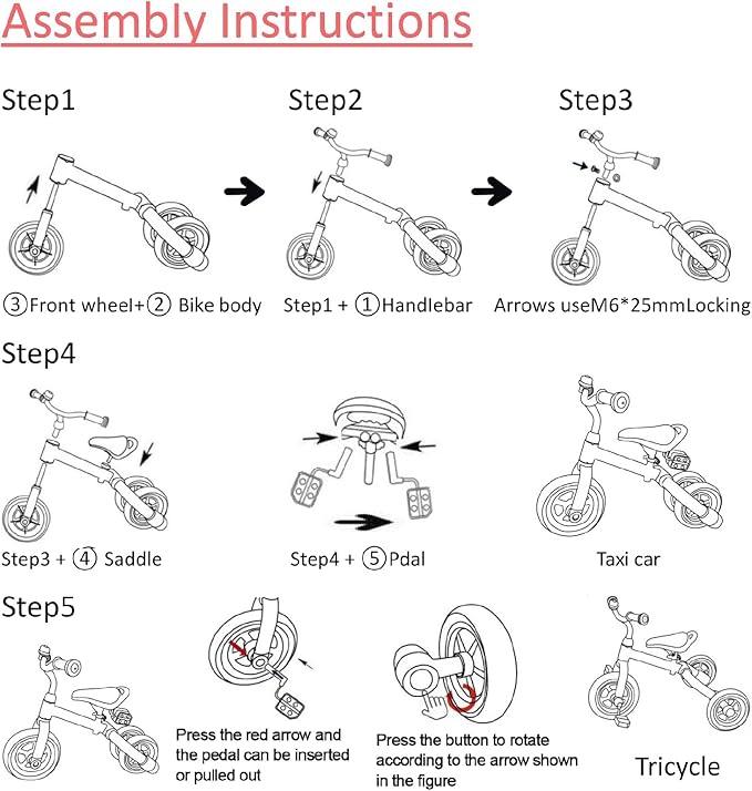 Ancaixin 3 in 1 Toddler Tricycles for 2-5 Years Old Boys and Girls with Detachable Pedal and Bell, Foldable Baby Balance Bike Riding Toys for 2+ Kids, Child Birthday Christmas New Year Gift Pink