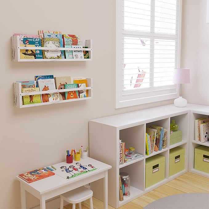 Brightmaison Polynez 30" Floating Shelves for Wall Decor, Kids Bookshelf, Nursery Book Shelves, Multiuse Shelf Set of 2 Wood Burnt White