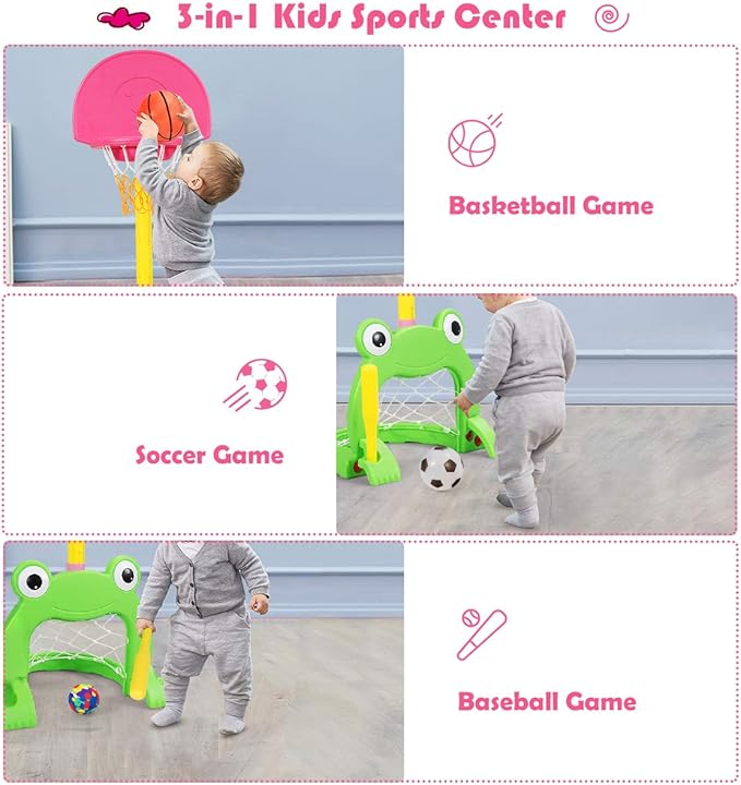 Costzon Toddler Basketball Hoop, 3-in-1 Sports Set for Basketball, Baseball & Football, 6 Height Adjustable Basketball Toy Activity Center for Indoor & Outdoor, Best Gift for Kids (Cute Frog)