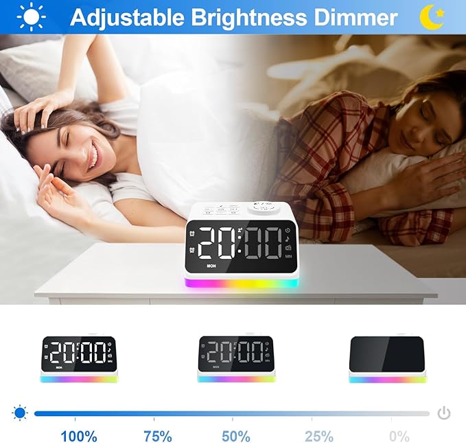 JALL Digital Alarm Clock with FM Radio for Bedroom, 8 Colors Night Light with 2 Charging Port, Sleep Sound Machines with Timer, Dual Alarm, Loud Alarm and Easy to Use for Seniors and Kids as Gift