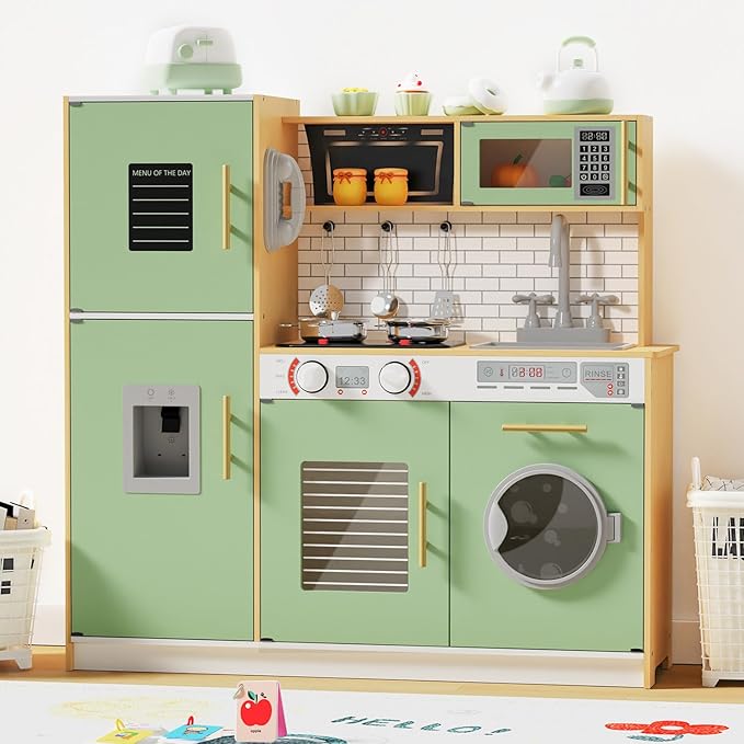 Babytronic Wooden Kitchen Playset for Kids, Interactive Play Kitchen with Lights & Sounds, Children Pretend Toy Kitchen Set with Faucet, Oven, Microwave, Kitchenware for Toddlers Ages 3+ (Green&Wood)
