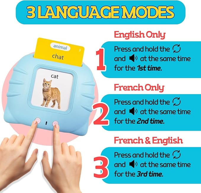 ZEENKIND French & English Talking Flash Cards with 510 Sight Words for Toddlers 3-6 Years Old, Learn French for Kids, Audible Pocket Speech Early Learning Bilingual Flashcard Toys, 255 Cards