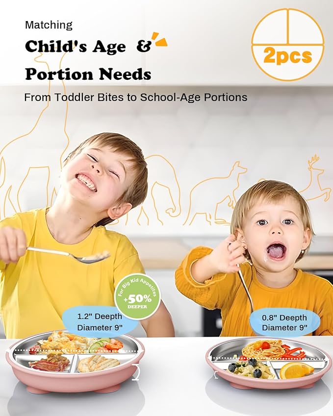 Stainless Steel Toddler Suction Plate with Lid, Deeper 9" Divided Plates with Removable Silicone Sleeves for Kids, Non Toxic & BPA Free | Unbreakable Baby Snack Dishes Set of 2,Pink & Beige