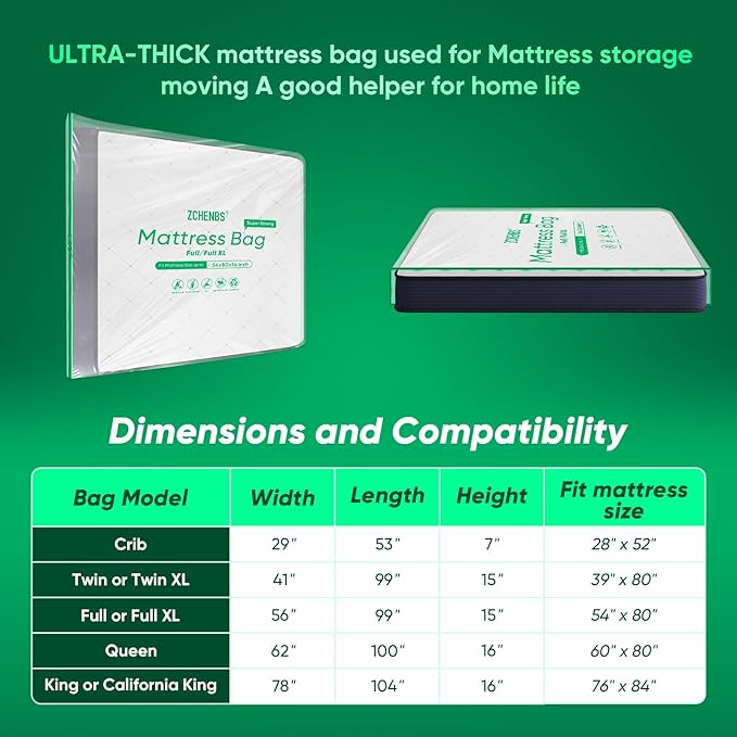 ZCHENBS® – Mattress Bags for Moving and Storage,Mattress Bag with Zippers,5 Mil Ultra-Thick Bed Bag,Waterproof,Anti-Tear,Heavy-Duty Mattress bag (Tansparent/Green, Full/Full XL-(2 Pack))