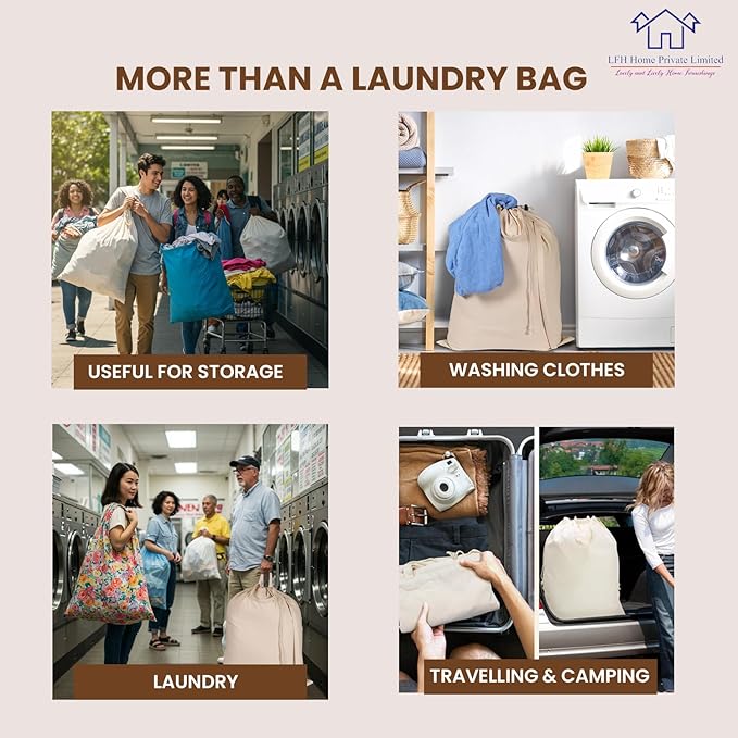 LFH Home Cotton Canvas Extra Large Laundry Bag with Handle, Heavy Duty Drawstring Closure Washable Laundry Bags School Travel, Home, Hotel, College Dorm, Organizer Sack, Toys Clothes 24x36-Natural