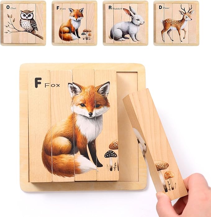 IEATFO 4 in 1 Wooden Animal Chunky Puzzle, 5 Solid Wood Puzzle Blocks with 4 Sides Realistic Forest Animals, Wooden Block Puzzle with Durable Base for Toddlers 3+ Years - Montessori Inspired