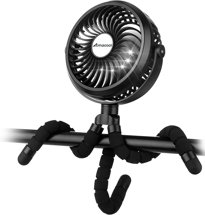 AMACOOL Battery Operated Stroller Fan Flexible Tripod Clip On Fan with 3 Speeds and Rotatable Handheld Personal Fans for Car Seat Crib Bike Treadmill (Black)