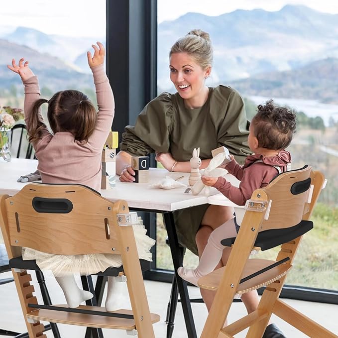 Cowiewie Natural Wooden High Chair for Babies & Toddlers 3-Tier Remove & 2 Adjustable Tray, 8 Adjustable Highchair with Cushions, Easy to Clean (Black)