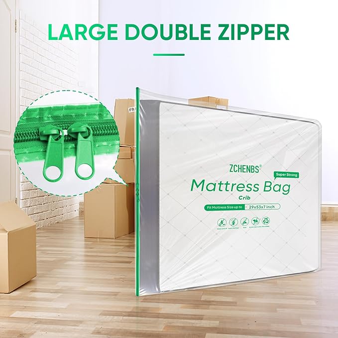 ZCHENBS® – Mattress Bags for Moving and Storage,Mattress Bag with Zippers,5 Mil Ultra-Thick Bed Bag,Waterproof,Anti-Tear,Heavy-Duty Mattress bag (Tansparent/Green, Crib-(1 Pack))