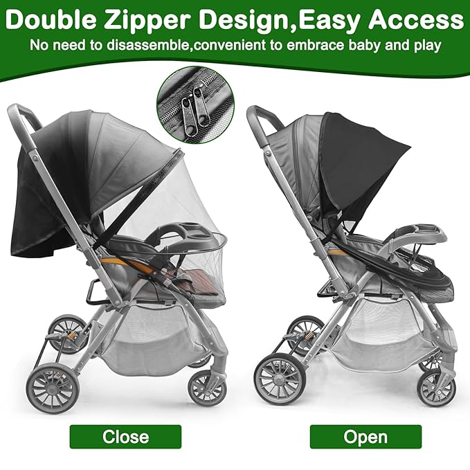 Baby Mosquito Net for Stroller Sun Shade, 2-in-1 Stroller Cover for Sun Protection with Two-Way Zipper and Storage Bag, Breathable Strollers Bug Net Suitable for Bassinet, Cradle, Car Seat – Black