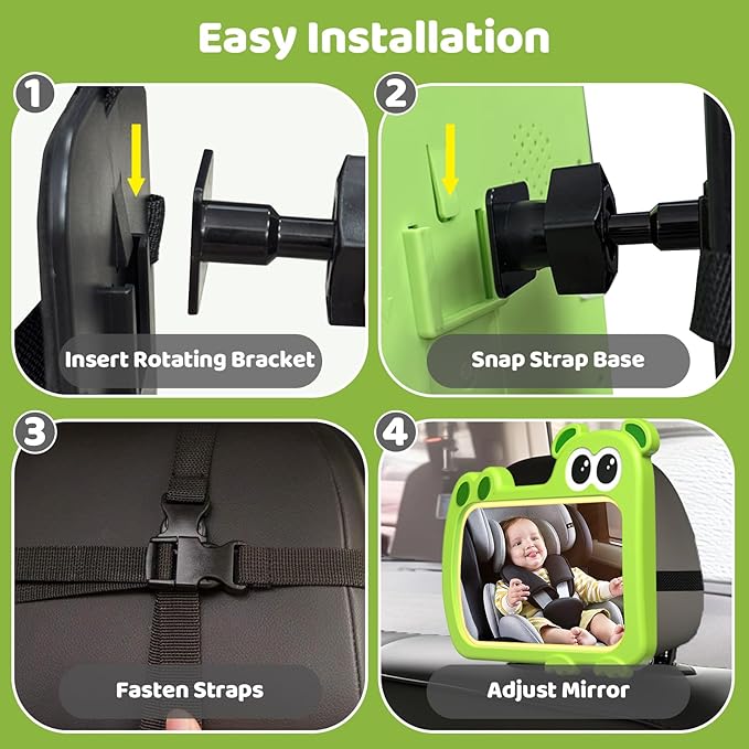 2-in-1 Baby Car Mirror with Lights & Soft Sounds, Cry Detector, Clear Night View, 360° Rotation, Shatterproof, Rear Facing Baby Car Seat Mirror with Remote Control, Perfect Baby Shower Gifts (Green)