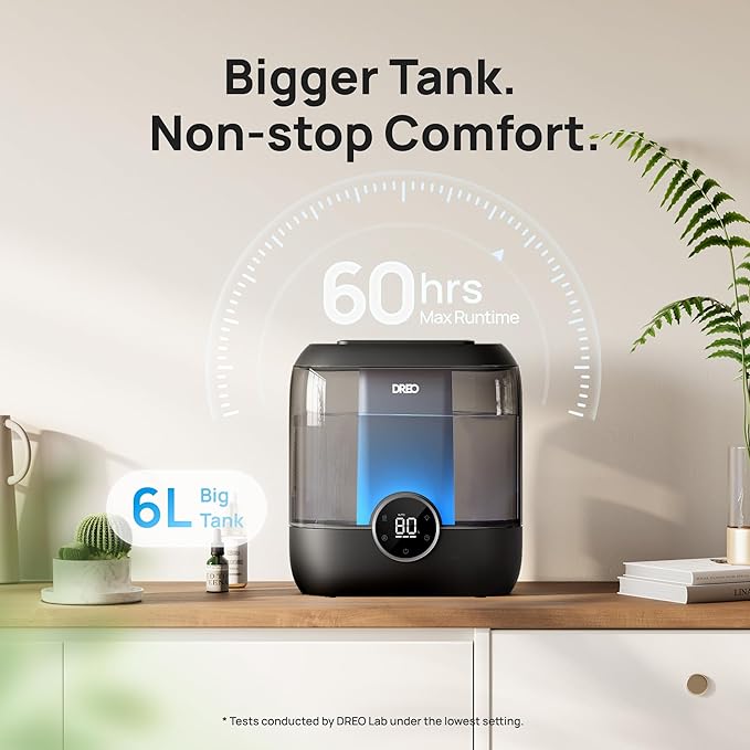Dreo 6L Top Fill Humidifiers for Bedroom, 60H Runtime Supersized Cool Mist Humidifier for Large Room, 28 dB Quiet Baby Air Humidifiers for Nursery, Plants, Indoor, Night Light, LED Display, Ultrasonic