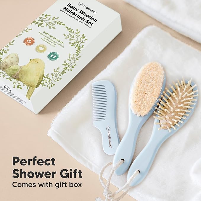 Baby Hair Brush and Comb Set for Newborn - Wooden Baby Hair Brush Set with Soft Goat Bristle, Baby Brush Set for Newborns, Baby Brush and Comb Set Girl, Boy, Toddler Cradle Cap Brush (Oval, Frost)