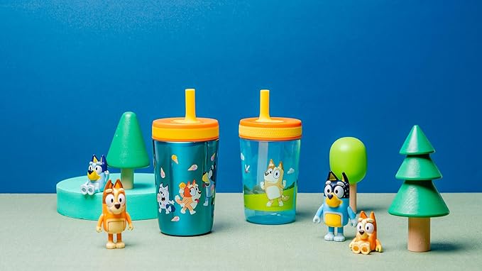 Zak Designs Bluey Kelso Tumbler Set, 15 fl.oz. Leak-Proof Screw-On Lid with Straw, Bundle for Kids Includes Plastic and Stainless Steel Cups with Bonus Sipper, 3pc Set, Non-BPA
