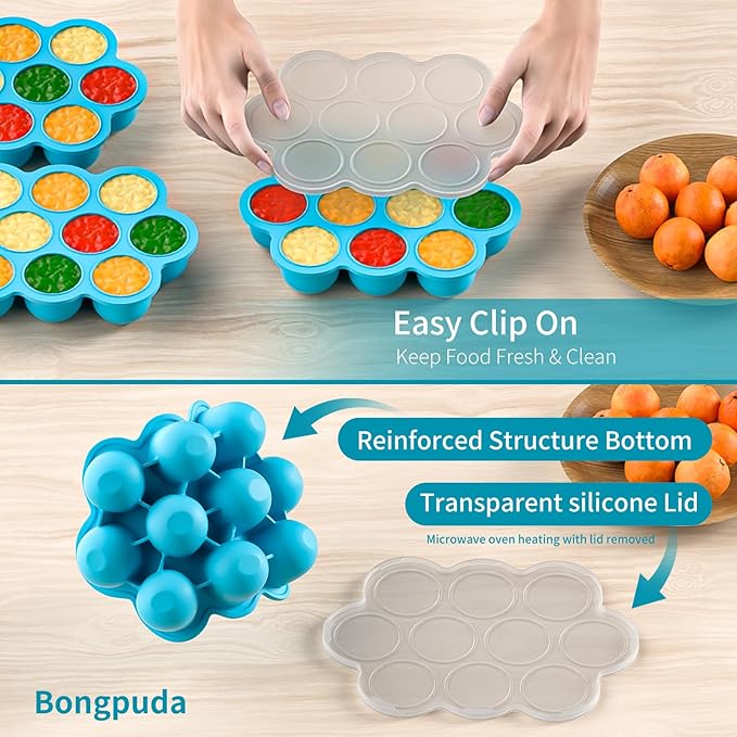 10 Cavities 2 OZ Portions Silicone Baby Food Freezer Tray with Lid, Baby Food Storage Containers,For freezing and storing Breast Milk,ice cube,Fruit Purees,leftovers(Blue)