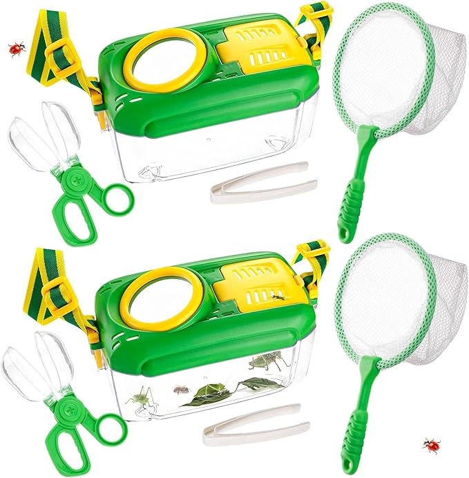 2 Set Bug Catcher for Kids- Educational Bug Catching Kit Including Butterfly Net, Insect Clip, Tweezer, Outdoor Toys for Kids Ages 3-10 (Green)