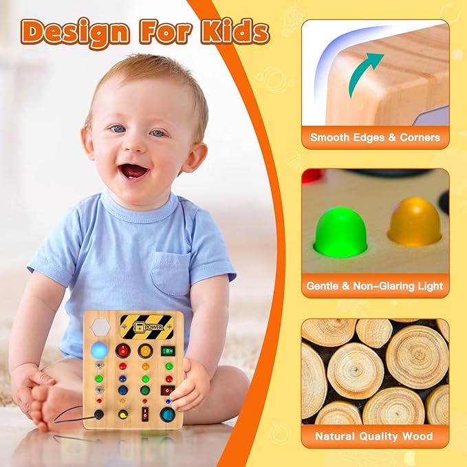 LED Busy Board, Wooden Sensory Toys for Toddler, Montessori Music Toy for Airplane, Travel Activity Educational Learning Toy, Busy Light Switch Autism Toys, Birthday Boys Girls Gifts