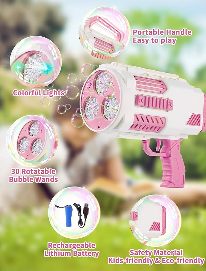 Upgraded Bubble Machine Gun - Auto Bubble Blower, 8000+ Bubbles Per Minute for Kids & Adults Indoor/Outdoor Party - Pink
