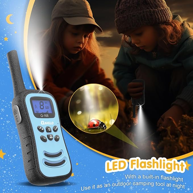 QNIGLO Walkie Talkies for Kids, Rechargeable Walkie Talkies, VOX，2 Way Radios with LED Flashlight, Perfect Outdoor Camping Toys with Lanyard for 3+ Years Old Boys Girls for Hiking Adventures（ 4 Pack）
