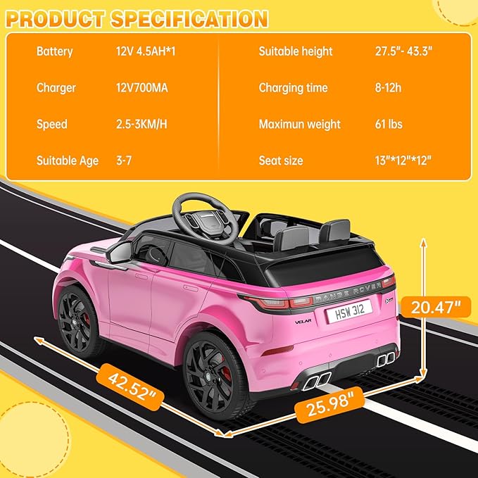 Hetoy Kids Ride On Car with Remote, Licensed Land Rover Kids Electric Car, Ride On Toys for Kids 3-8 with Mp3 Player, Rocking, Pull Rod, Pink